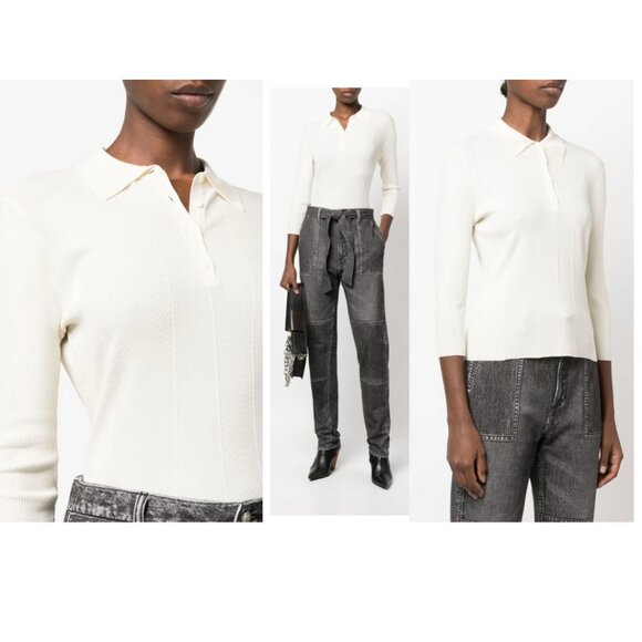 rag & bone Pacey Rib Knit Fitted Cream Ivory Polo Top, XS - Preowned - Picture 1 of 13